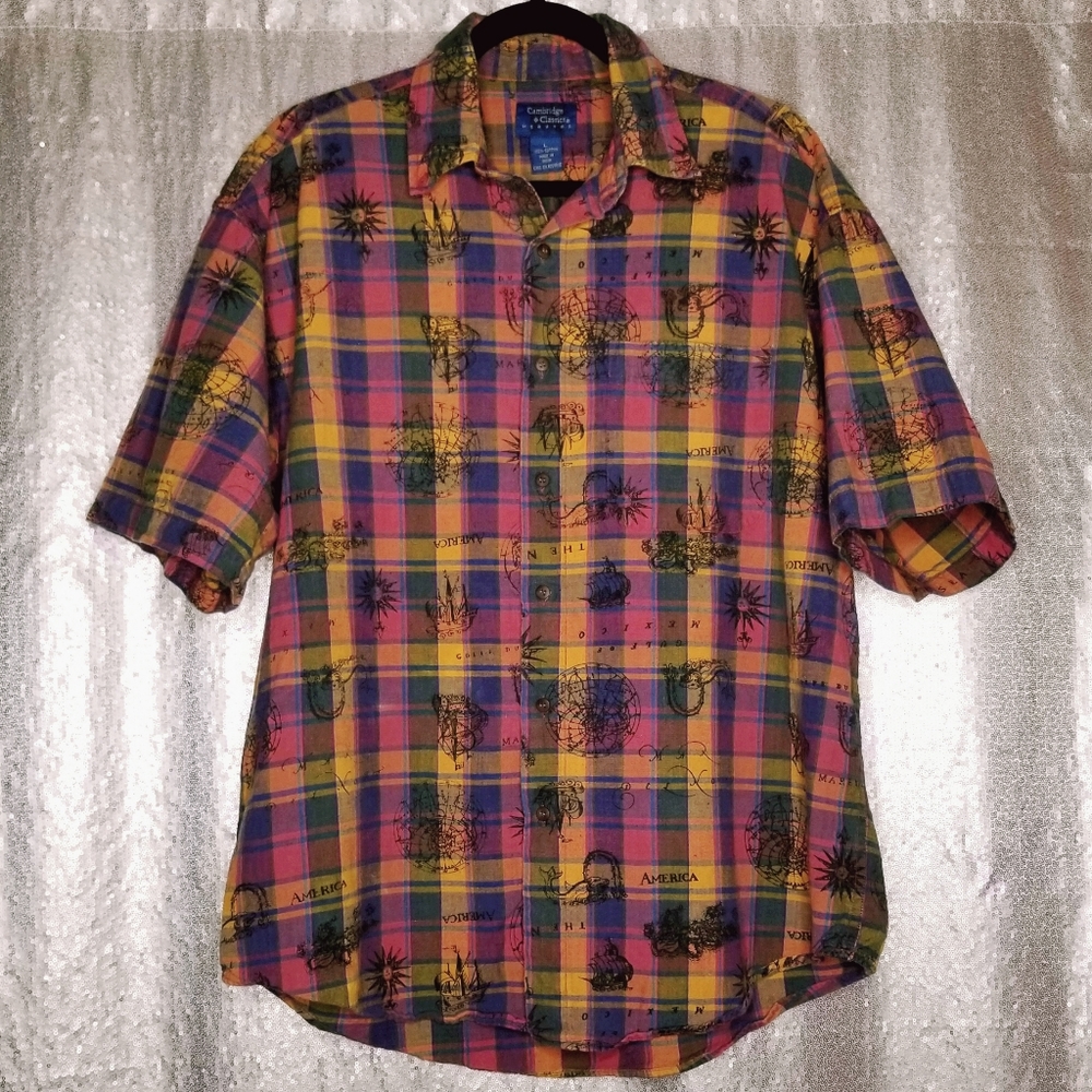 Cambridge Classics EUC L America plaid short-sleeved button-down map shi…